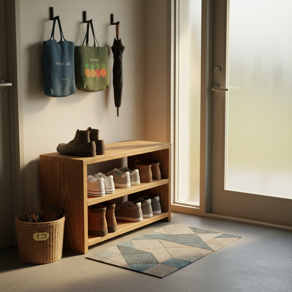 An organized entryway corner in a modest apartment, featuring a sturdy natural-wood shoe rack with neatly lined sneakers, boots, and slippers, and a small wicker basket labeled with a subtle icon for keys and wallets. Above, simple wall hooks hold reusable shopping bags and a compact foldable umbrella. Soft afternoon light streams from a nearby door window, creating warm highlights on the wood grain and soft shadows on the floor. Shot from a slightly elevated angle in photographic realism, the mood is playful yet practical, showing clever everyday organization tips in a real, lived-in space with a slightly scuffed floor and a casually placed doormat.