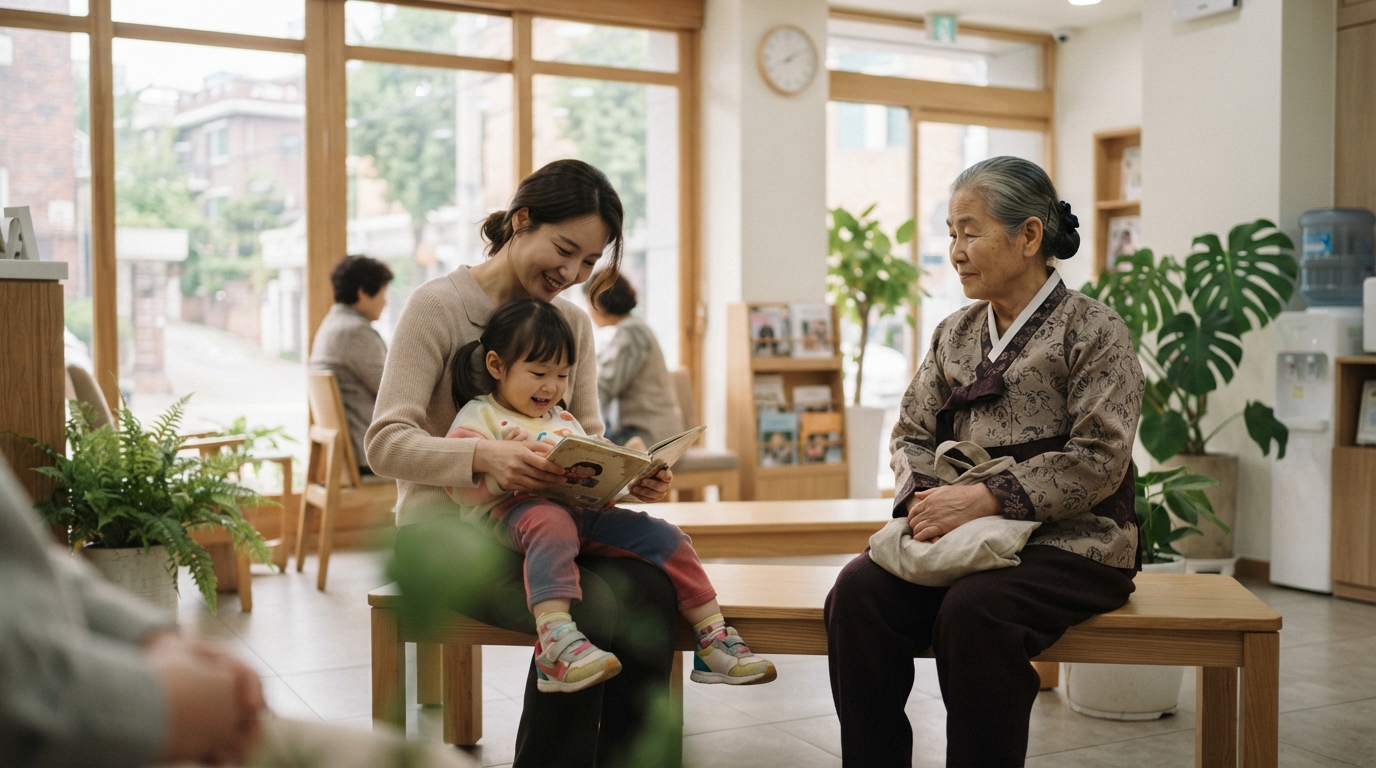 동네 의원 대기실에서 예방접종을 기다리는 어르신과 어린 자녀를 동반한 보호자