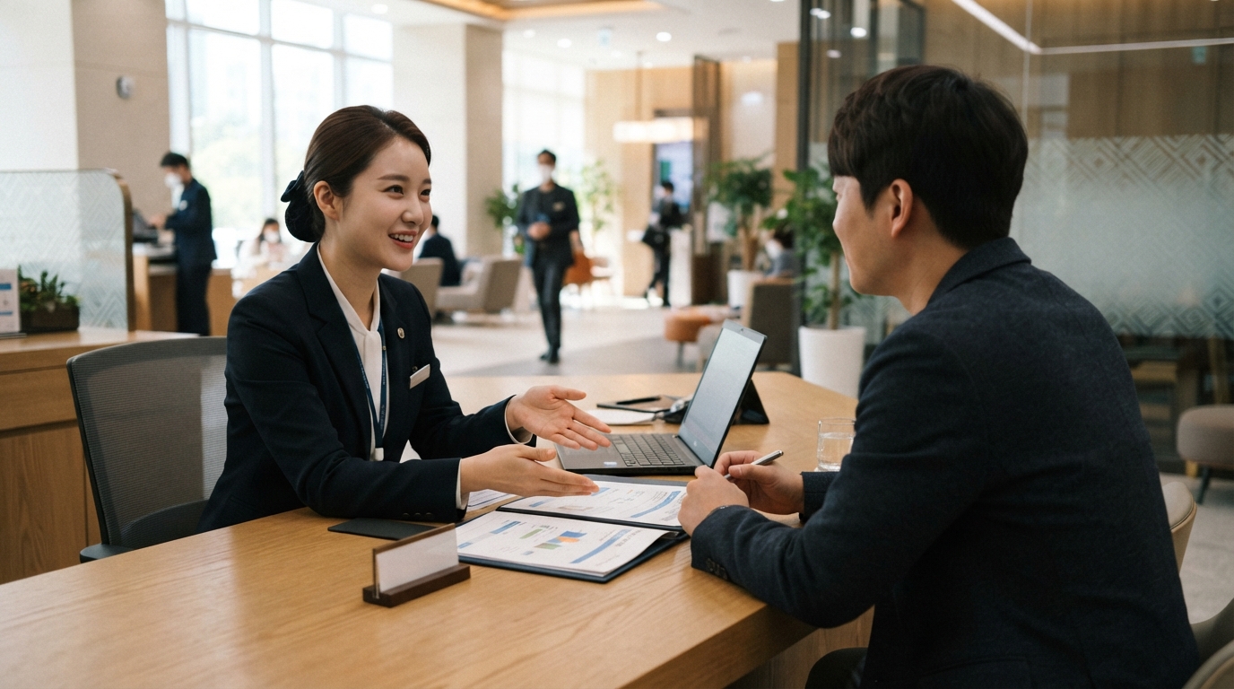 은행 창구에서 특별중도해지 조건을 상담받는 장면